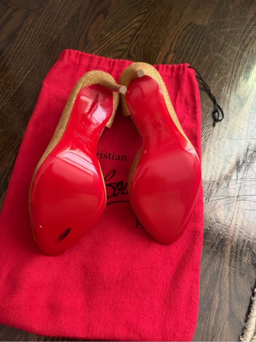 Christian Louboutin Gold Glitter Pointed Pumps with Signature Red Soles